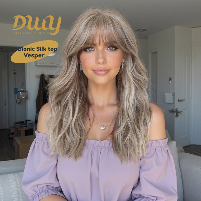 Vesper - New! DWY Bionic Silk Top 22-Inch Long Beachy Wave Ash Blonde Balayage Glueless Synthetic Wig with Bangs for Women High-Quality Premium Fiber Easy Wear Comfortable Fit Summer Looks