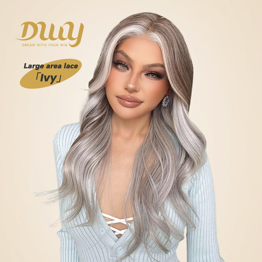 Ivy C- DWY 13×6 Lace Front Free Part Long-Length Wavy Ash Blonde Highlighted Glueless Synthetic Wig for Women 22 Inches