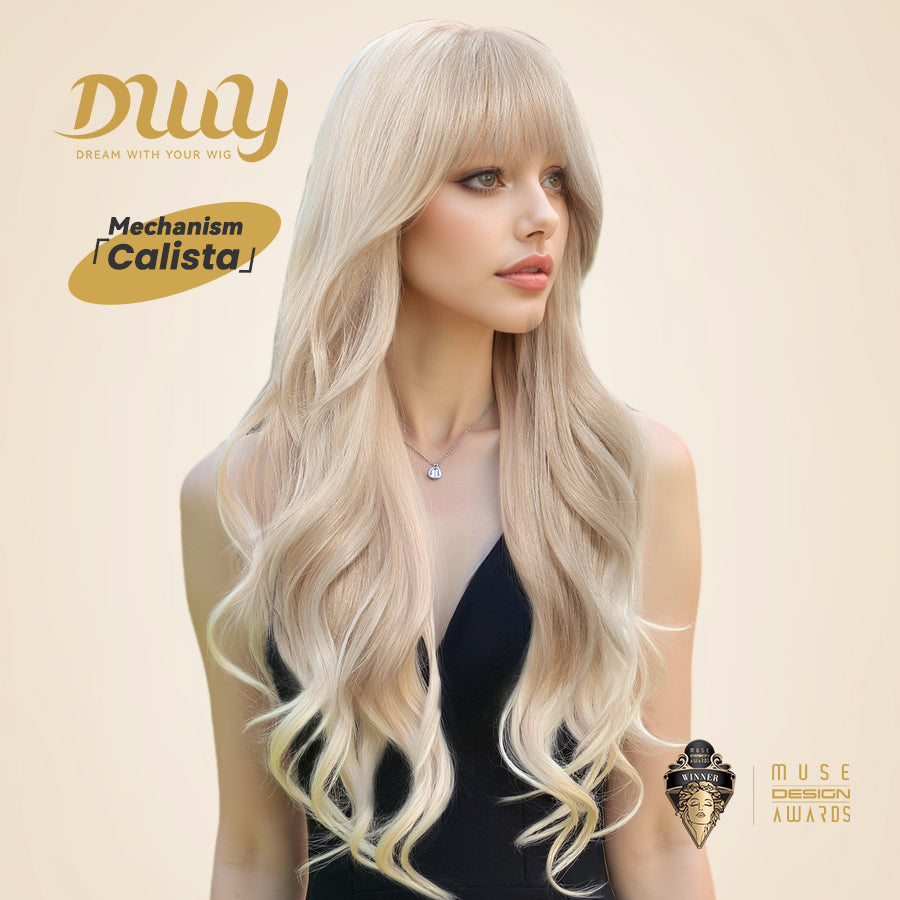 Ines-DWY Free Part Wavy Blonde Realistic Scalp Glueless Synthetic Wig