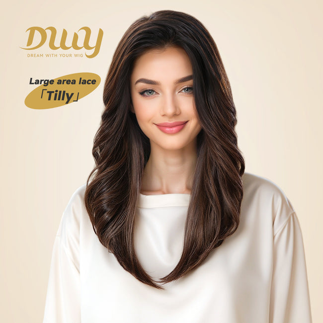 DWY Tilly - 13x6 Filter Lace Front Free Part Medium-Length Wavy Brown Black Wig with Dark Roots