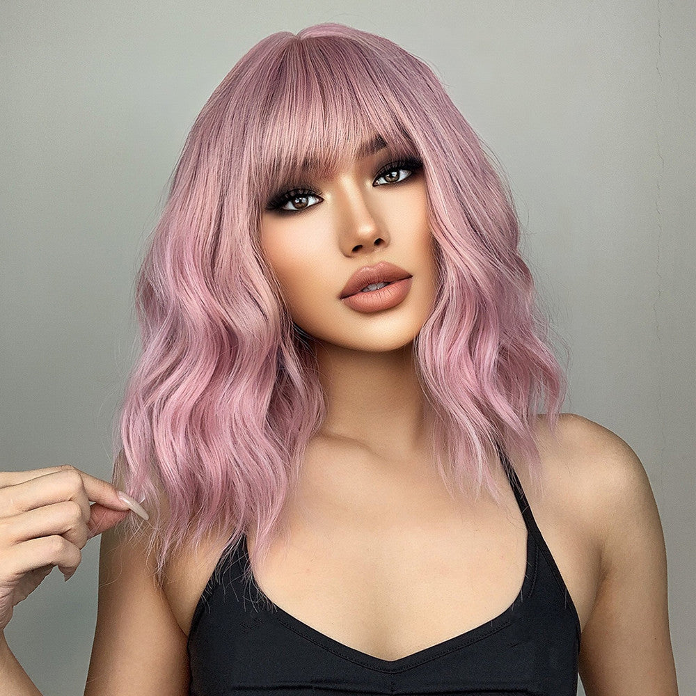 Us Only) DWY WIGS 14 Inch Short Pink Wavy Curly Wig with Bang