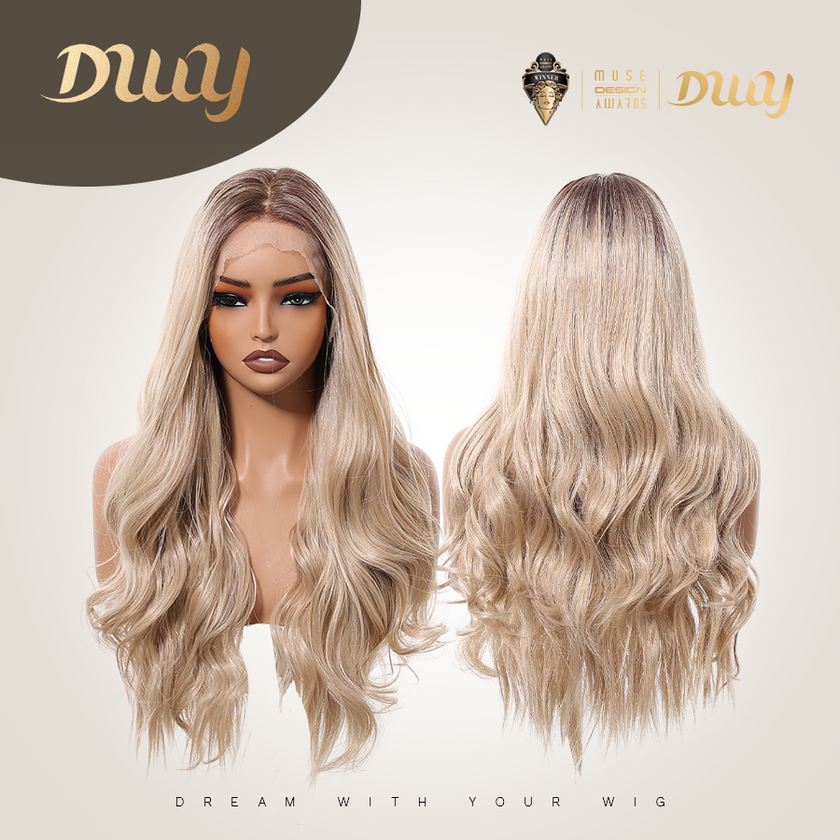 DWY Synthetic Lace Front Body Wave Wig with Bangs – Glueless Blonde HD Lace Wig