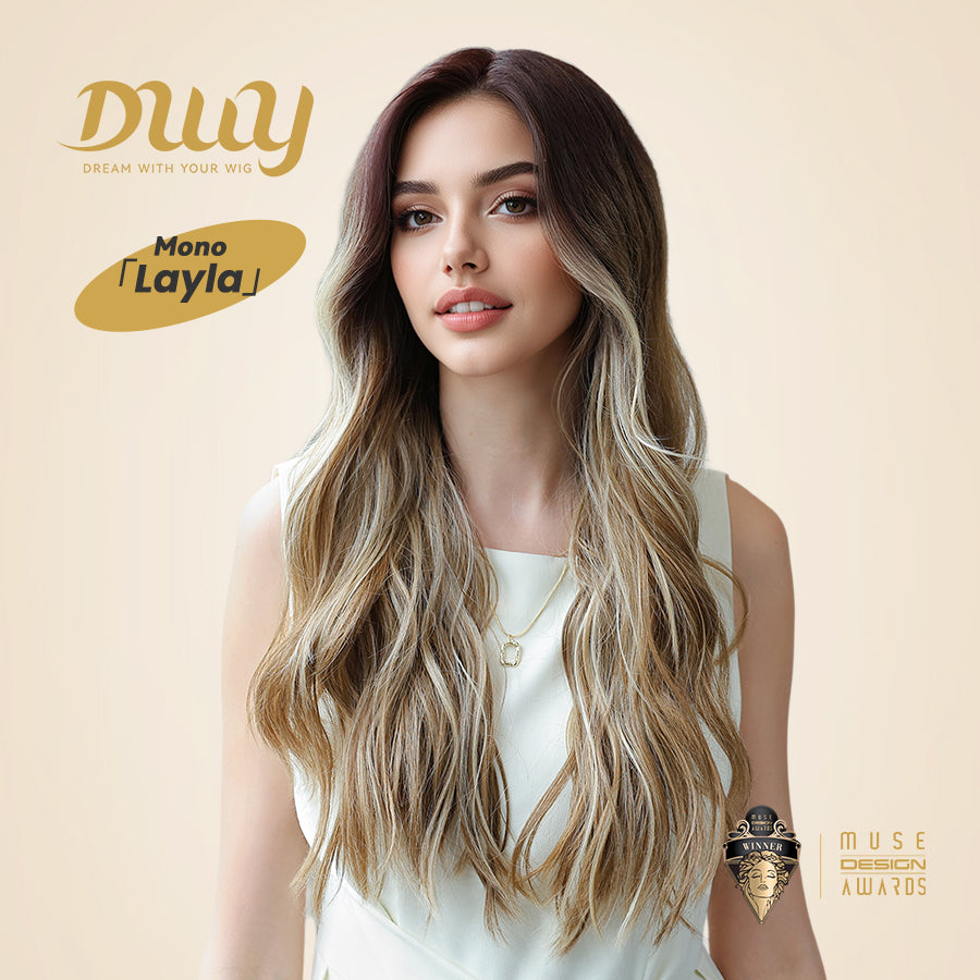 Layla H-DWY Mono Lace Front Free Part Long Wavy Ombre Blonde Glueless Synthetic Wig for Women 24 Inches