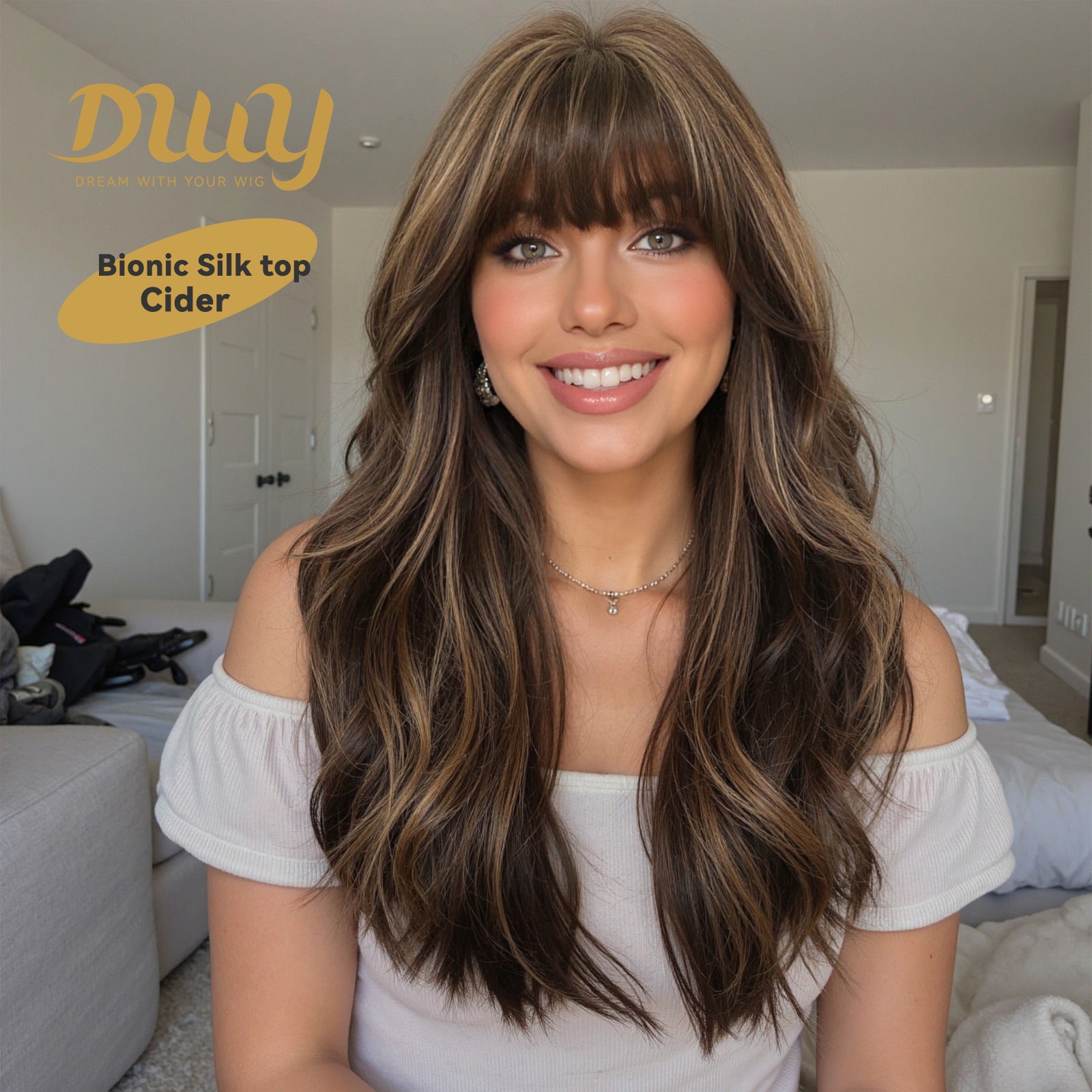 Cider - New ! DWY Bionic Silk Top 22-Inch Long Wave Bronde Balayage Glueless Synthetic Wig with Bangs for Women High-Quality Premium Fiber Easy Wear Comfortable Fit