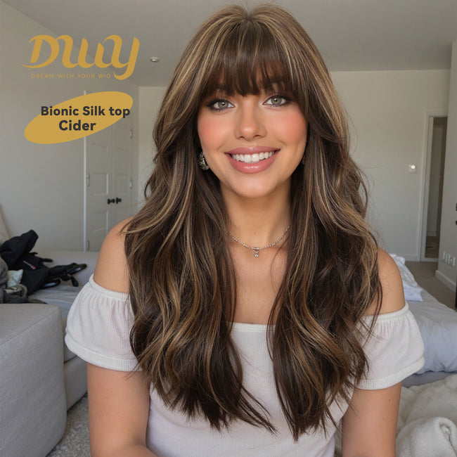 Cider - New ! DWY Bionic Silk Top 22-Inch Long Wave Bronde Balayage Glueless Synthetic Wig with Bangs for Women High-Quality Premium Fiber Easy Wear Comfortable Fit
