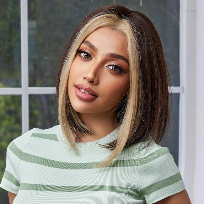 DWY Lace front 10 Inch Bob brown with golden highlight short straight wig DWY-BL66085-1