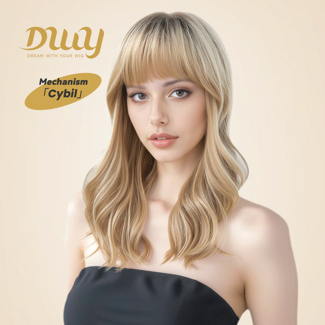 Cybil-DWY Machine Made Mid-length Wave  Bolonde With Dark Roots Glueless Synthetic Wig With Bangs For Women  22 Inches