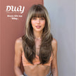Riley- New! DWY Bionic Silk Top 26-Inch Long Body Wave Layer-cut Brown Balayage Glueless Synthetic Wig with Bangs for Women High-Quality Premium Fiber Easy Wear Comfortable Fit Summer Look