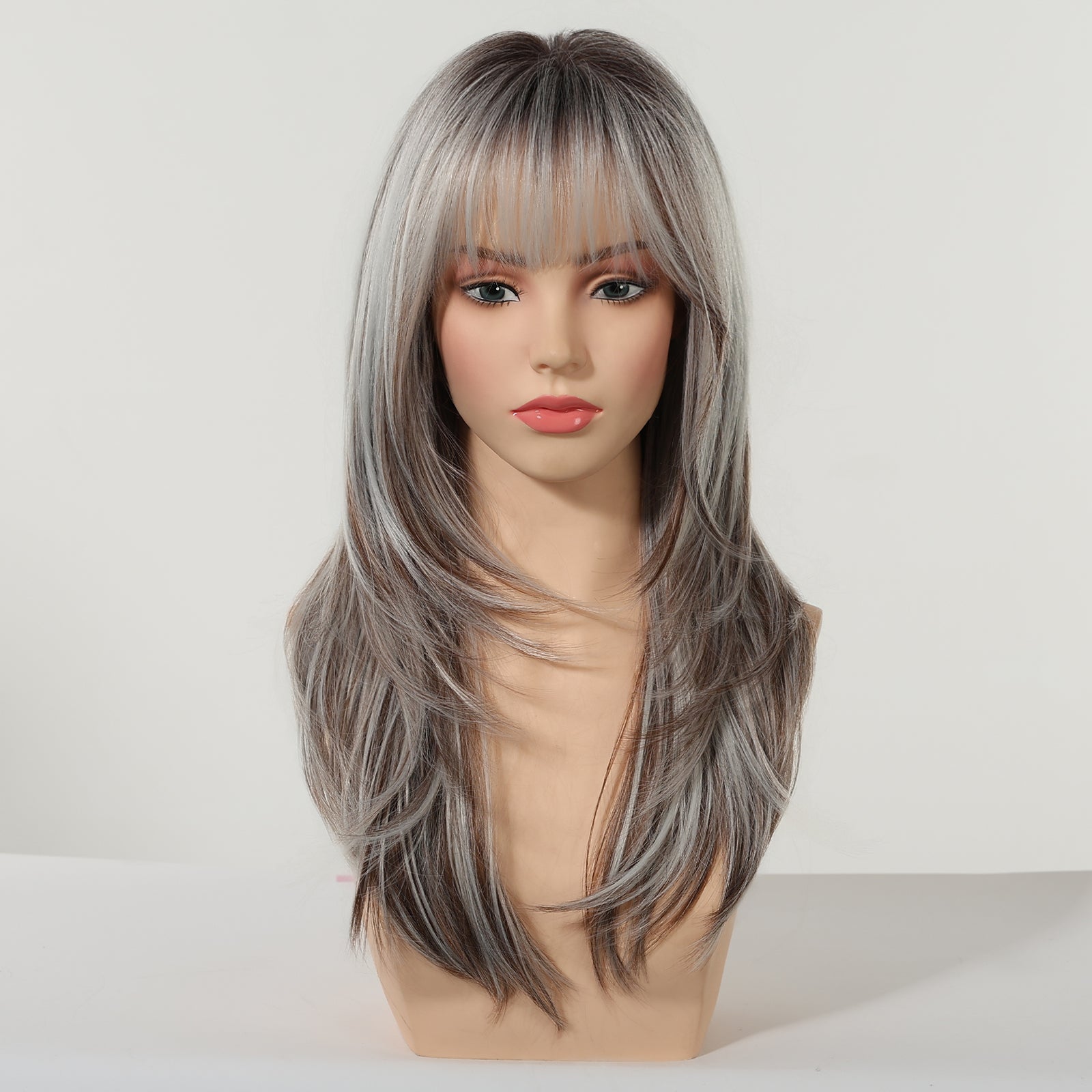 Elara-DWY 22 Inch Silver Grey Balayage Long Layered Wig with Air Bangs | Natural Synthetic Hair for Women | Daily Wear & Versatile Styling