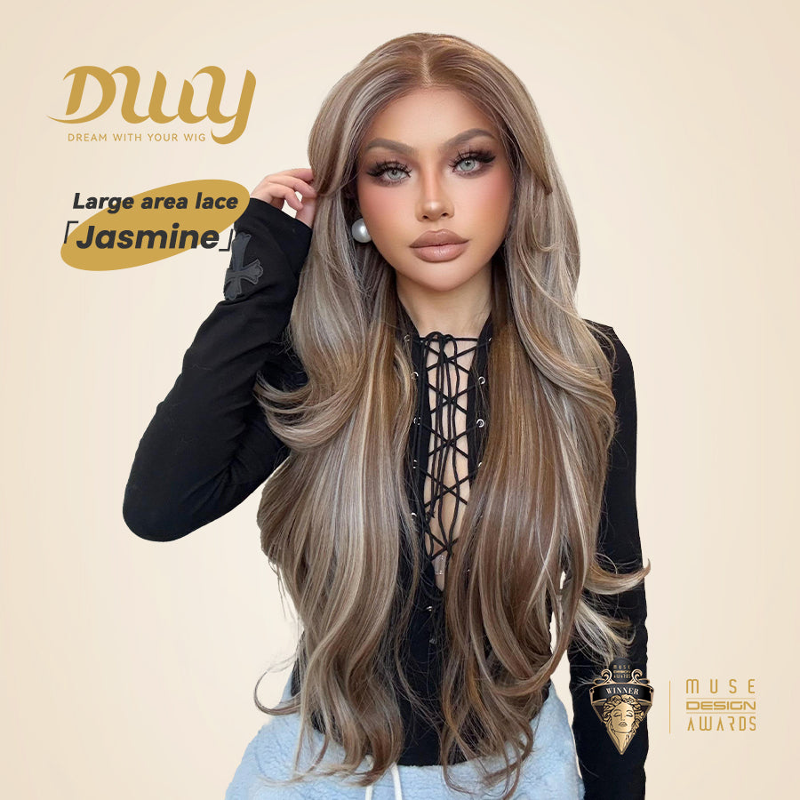Jasmine-DWY 13×6 Lace Front Free Part Brown With Blonde Highlights Tresses Wavy Synthetic Wig 111