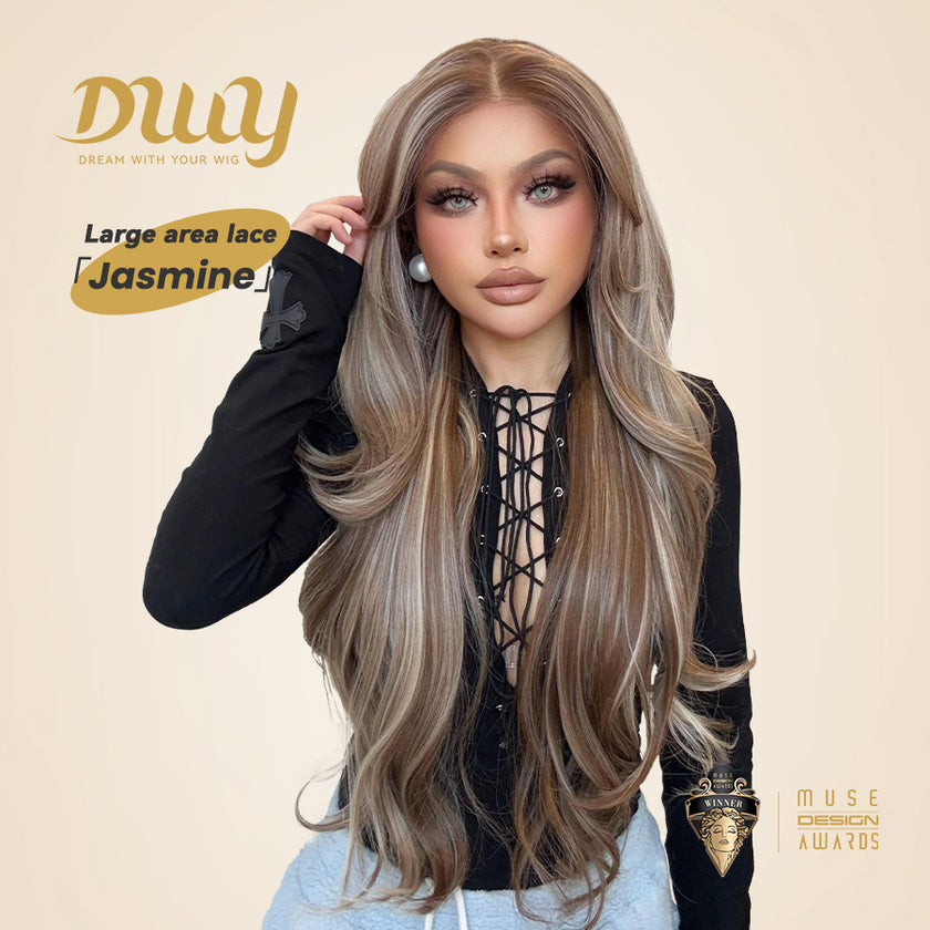 Jasmine-DWY 13×6 Lace Front Free Part Brown With Blonde Highlights Tresses Wavy Synthetic Wig 111