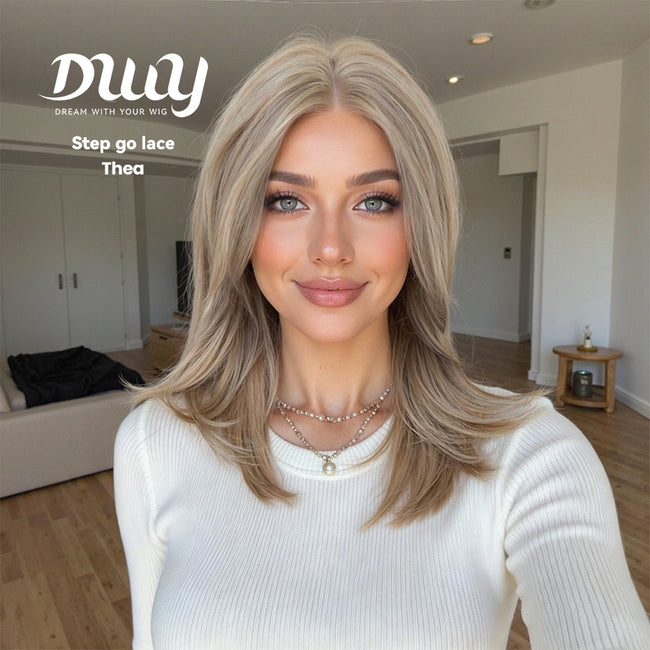 Thea-DWY NEW Step Go Lace Free Part Mid-Length Layered Mixed Blonde Highlighted Glueless Wig