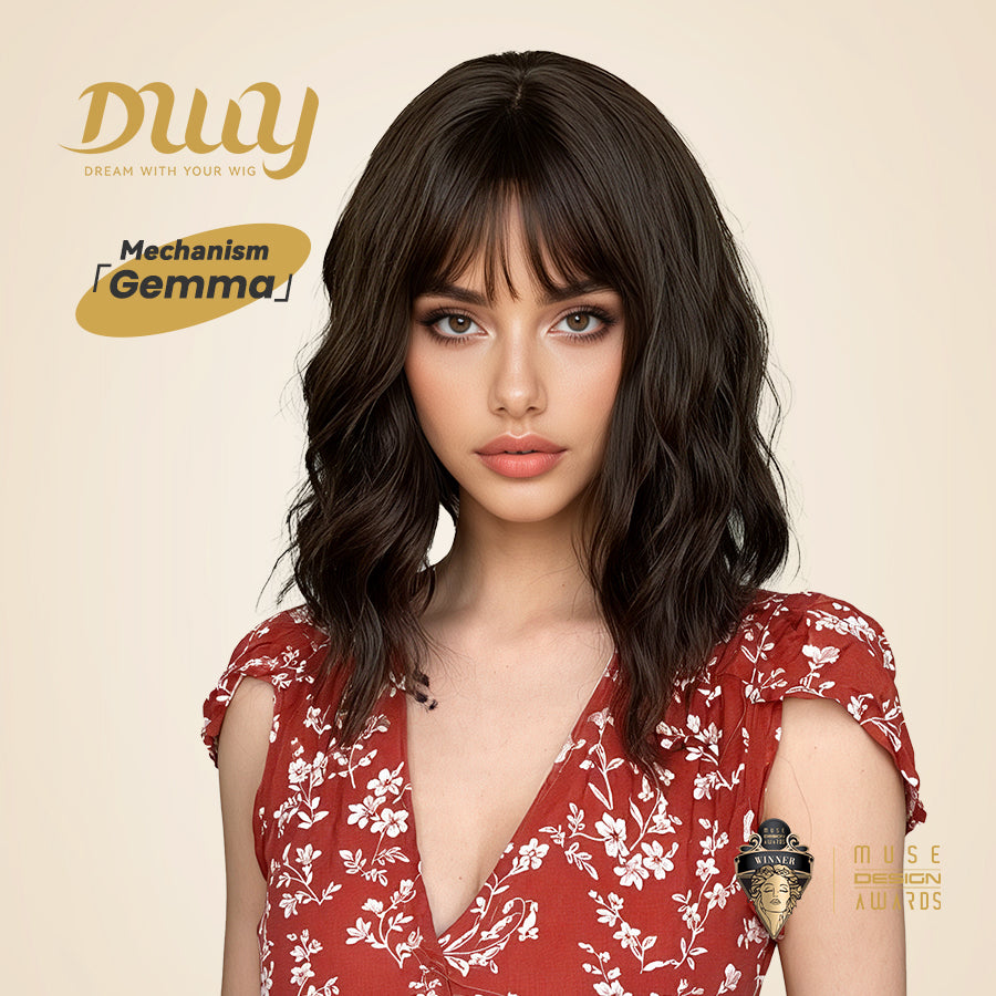 Gemma-DWY Machine Made Natural Black Short Bob Curly Glueless Synthetic Wig with Bangs for Women 12 Inches