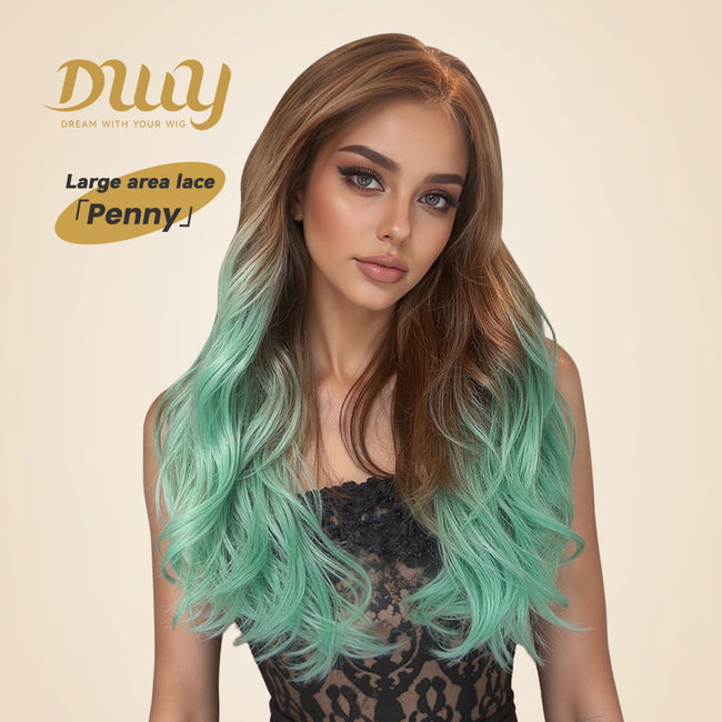 DWY Brown and Green Synthetic Wig with Free Parting