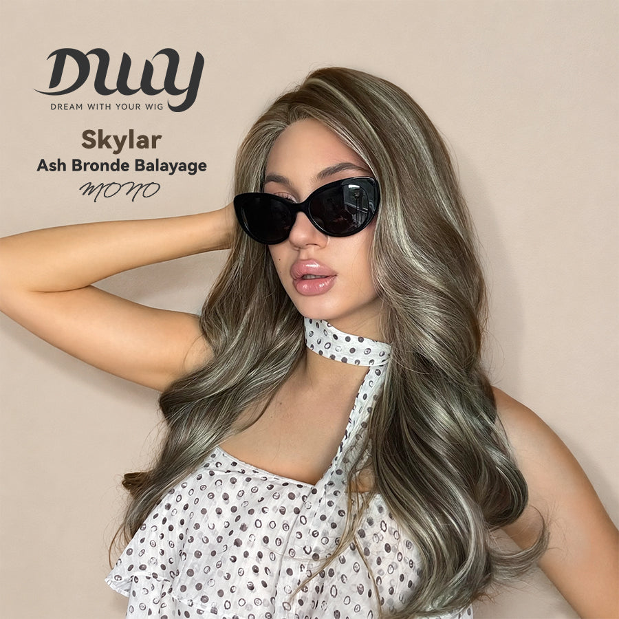 Skylar-DWY Mono Lace Front Free Part Long-Length Curly Brown with Highlights Glueless Synthetic Wig for Women 20 Inches
