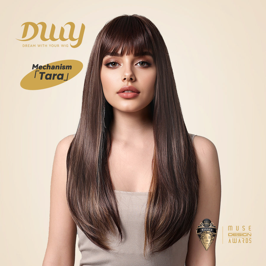 Tara-DWY Machine Made Long Silky Straight Chocolate Brown with Highlights with Bangs Glueless Synthetic Wig for Women 26 Inches