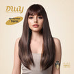 Tara-DWY Machine Made Long Silky Straight Chocolate Brown with Highlights with Bangs Glueless Synthetic Wig for Women 26 Inches