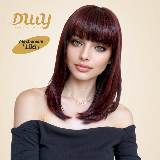 Lila-DWY Machine Made Mid-Length Straight Burgundy Glueless Synthetic Wig with Bangs for Women 14 Inches - Sleek & Modern Look