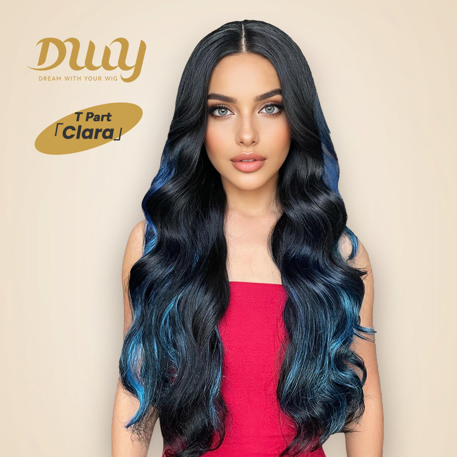 DWY 26-Inch Long Black Wavy Wig with Blue Highlights – Synthetic Heat-Resistant Curly Wig for Stylish Daily Wear and Parties HC11140-1