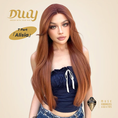 Alisia-DWY Lace Front T-Part Long Curly Orange Synthetic Wig With Side Bangs