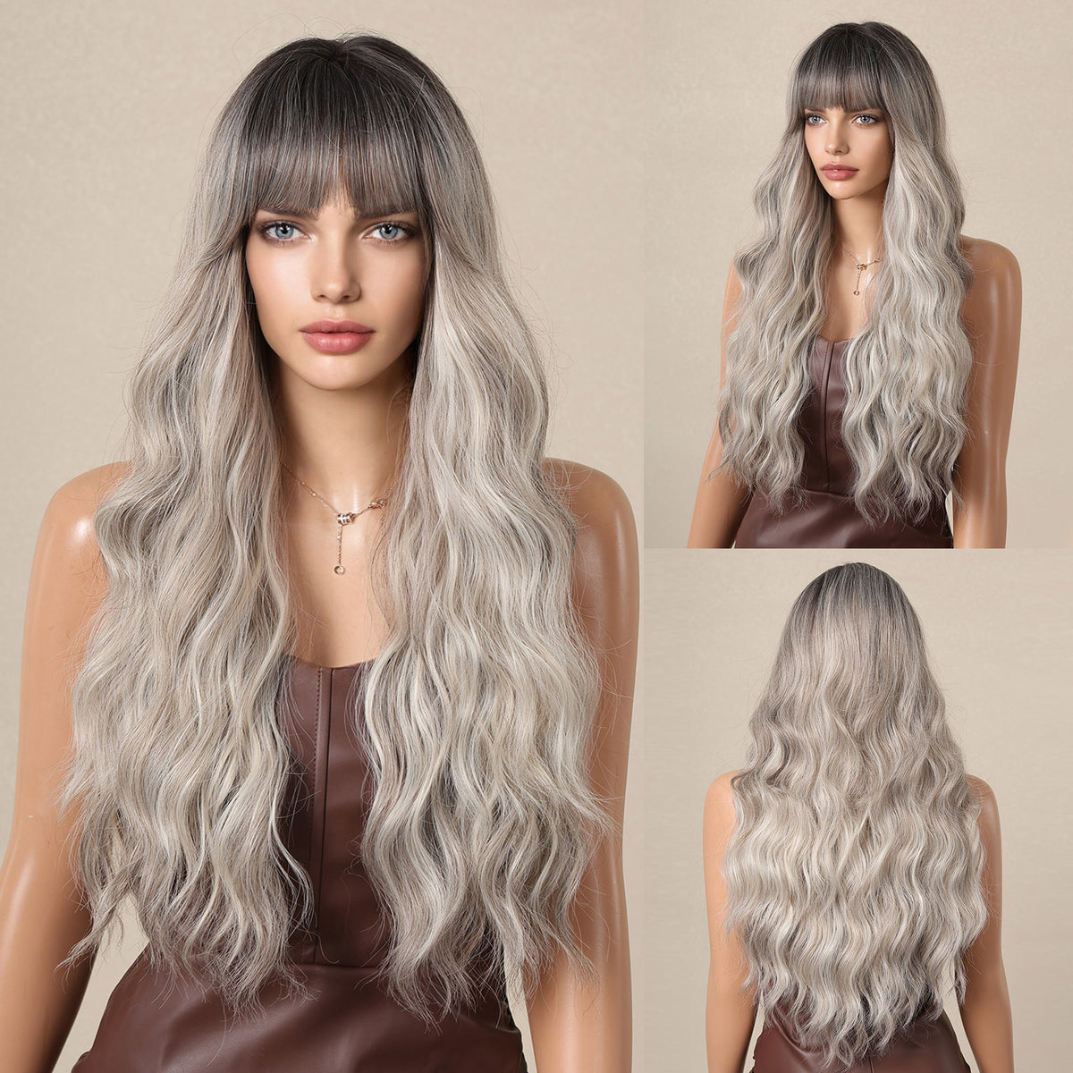 [Adr] DWY Long Wavy Wigs for Women Black Gradient Gray Wig 26 Inch Long Curly Ombre Wigs with Bangs and Dark Roots Synthetic Heat Resistant Fiber Wigs for Daily Party LC1111-3