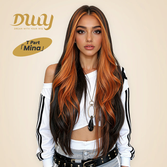 Mina C-DWY Lace Front Middle Part Long Body Wavy Orange Ombre Glueless Synthetic Wig