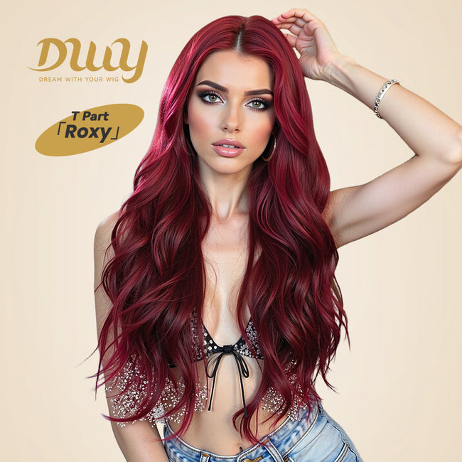 DWY Red Long Middle Lace Parting Wavy Synthetic Wig