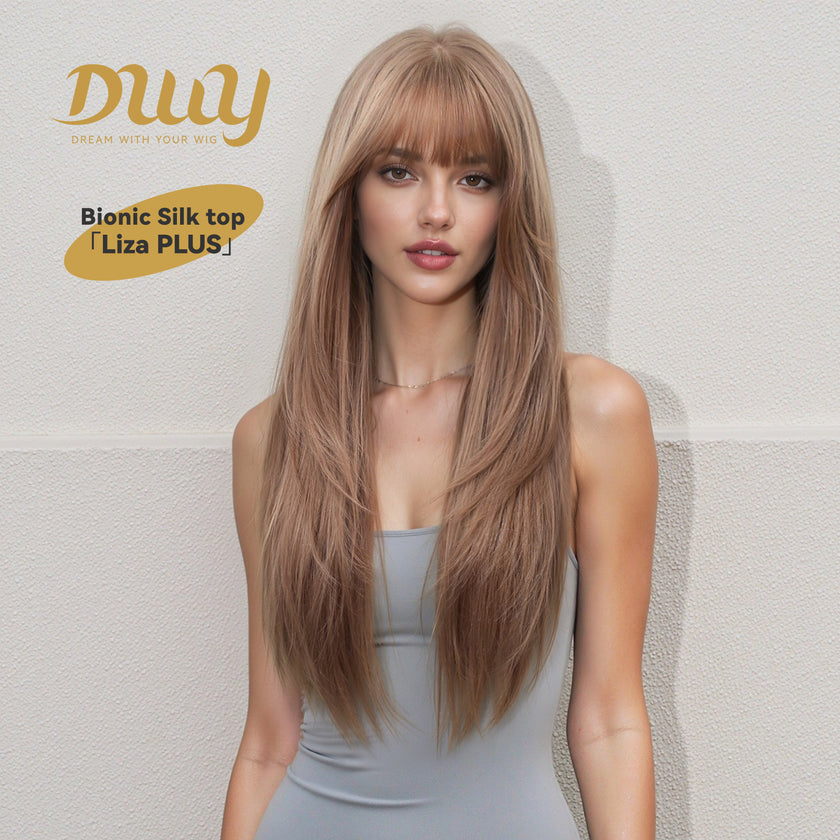 Liza PLUS- New! DWY Bionic Silk Top 26-Inch Long Vintage Y2K Layer-cut Pink Blonde Glueless Synthetic Wig with Bangs for Women High-Quality Premium Fiber Easy Wear Comfortable Fit Summer Look