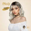 June-DWY Machine Made Short Wavy Hairstyle with Blunt Bangs Dark Root to Platinum Blonde Ombre Glueless Synthetic Wig for Women 12 Inches
