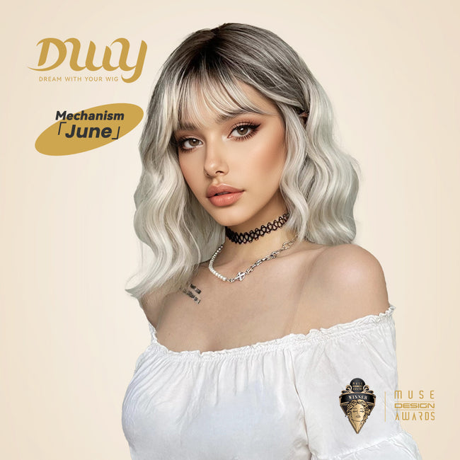 June-DWY Machine Made Short Wavy Hairstyle with Blunt Bangs Dark Root to Platinum Blonde Ombre Glueless Synthetic Wig for Women 12 Inches