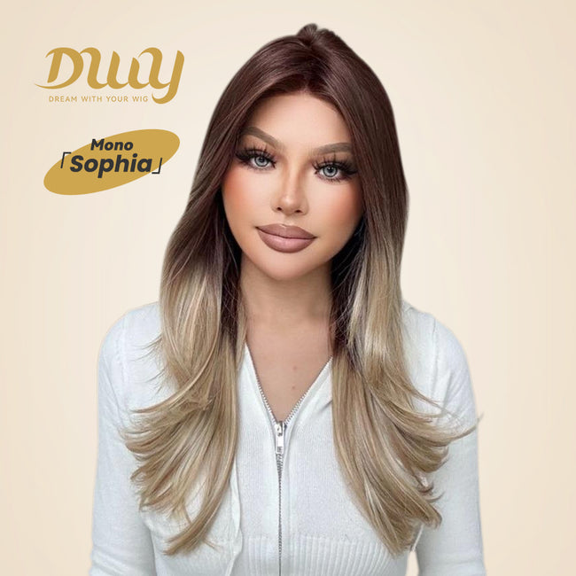 Sophia-DWY Mono Lace Front Ombre Brown Blonde Long Wavy Free Part Synthetic Wig