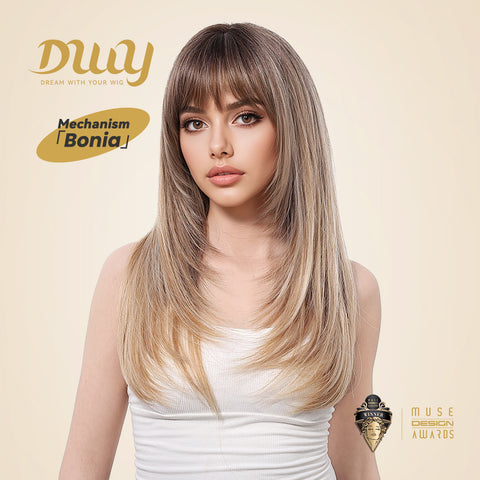 Bonia-DWY Long Curly Ombre Blonde With Bangs Dark Roots Glueless Synthetic Wig