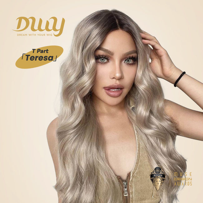 Teresa-DWY Lace Front T-Part Rooted Brown Blonde Long Wavy Synthetic Wigs