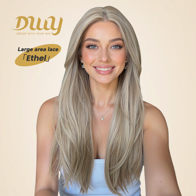 Ethel-DWY 13x6 Filter Lace Front Free Part Long Length Straight Brown with Highlights Glueless Synthetic Wig