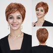 A three-panel studio photograph showcasing the same woman modeling a short, layered auburn pixie wig against a plain grey background. The left and top right panels provide front and three-quarter views of her smiling, wearing a black cardigan and gold accessories. The bottom right panel shows a back view, highlighting the wig's stacked layers and dimensional copper tones. The lighting is even and soft across all views.