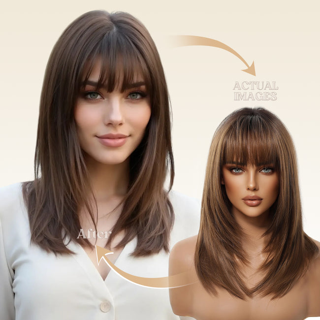 DWY Machine Made Mid-length Layered Hairstyle with Bangs Brown Glueless Synthetic Wig for Women 18 Inches