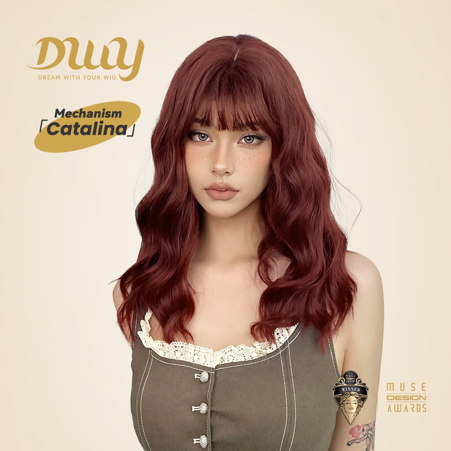 Catalina-DWY Machine Made Dark Red Wavy Bob wigs Glueless  Synthetic  Wig for Women 16  Inches