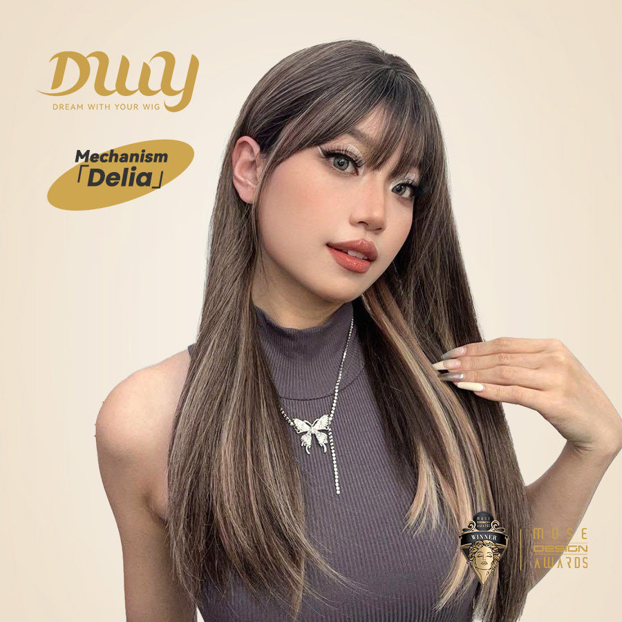 DWY MiraScalp Delia-DWY Mid Length Straight Cool Brown & Blonde Highlights Wig