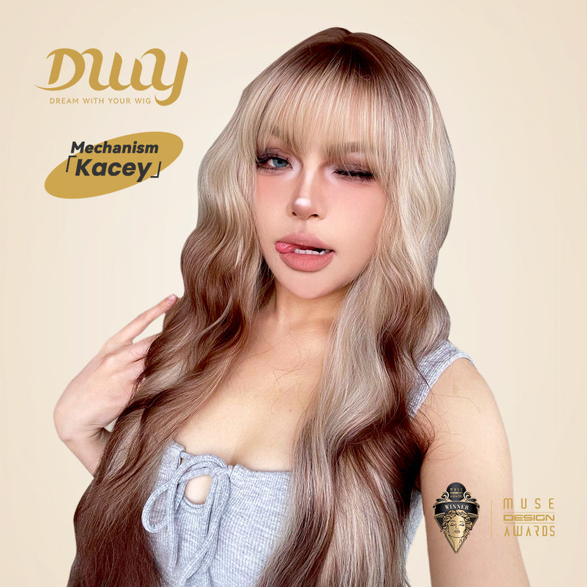 Kacey-DWY 28-Inch Long MiraScalp Wavy Ombre Blonde and Brown Wig with Bangs
