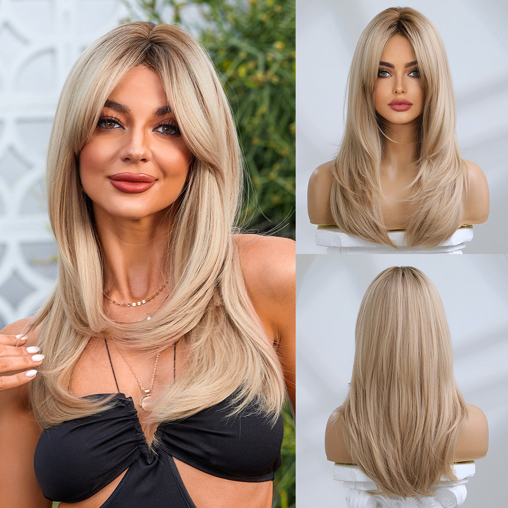 Mabel-DWY Rooted Dirty Blonde Long Straight Synthetic Wig With Side Bangs