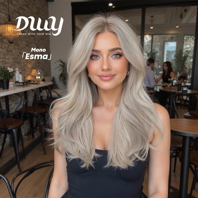 Esma-DWY Mono Lace Front Free Part Long-Length Wavy Blonde with Highlights Glueless Synthetic Wig for Women 20 Inches