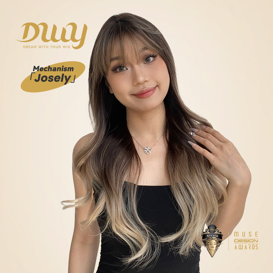 Josely-DWY Machine Made Long Wavy Hairstyle with Blunt Bangs Dark Brown to Light Blonde Ombre Glueless Synthetic Wig for Women 28 Inches