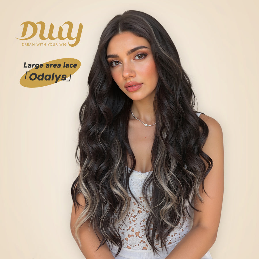 [CLEARANCE SALE] Odalys -DWY New Arrival 13×4 Lace Front Free Part Long-Length Curly Natural Brown with White Highlights Baby Hairline Glueless Synthetic Wig for Women 26 Inches