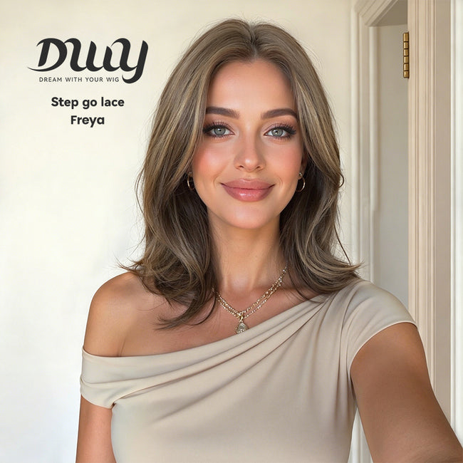 Freya-DWY NEW Step Go Lace Free Part Mid-Length Layered Brown Highlighted Glueless Mixed Japanese Fiber Wig