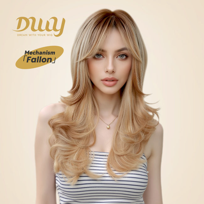 Fallon-DWY Machine Made Middle Part Long Wavy Rooted Light Blonde Glueless Synthetic Wig with Side Bangs for Women 22 Inchess