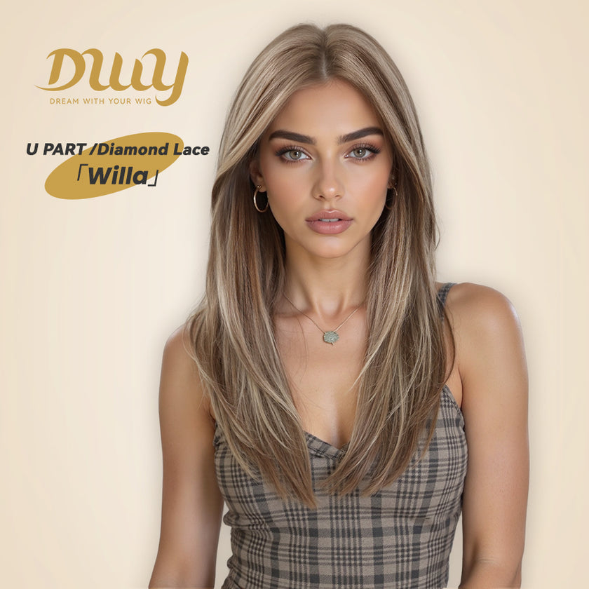 Willa- NEW! DWY Pre-cut U part Diamond Lace Long-length Lace Icy Bronde Highlighted Layer-cut Curly Hair Glueless Synthetic Wigs for Women 22 Inch