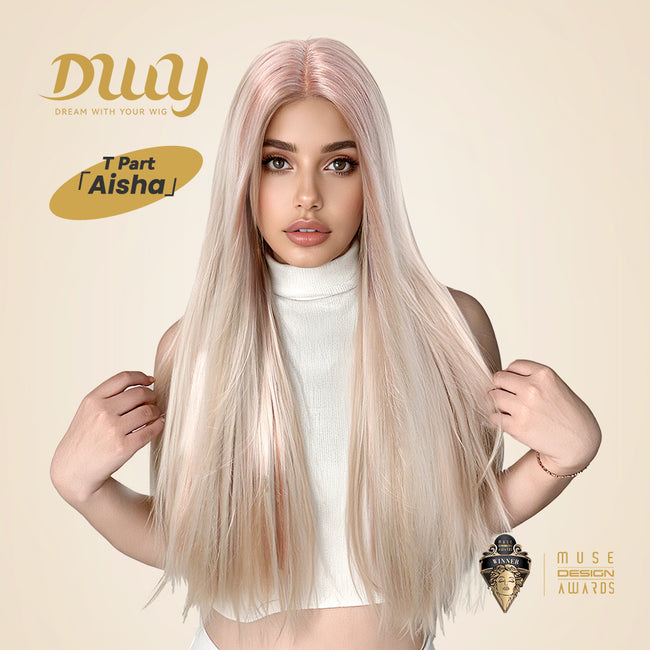 [CLEARANCE SALE] Aisha-DWY T Part Lace Front Pink Blonde Long Straight Glueless Synthetic Wig for Women 28 Inches