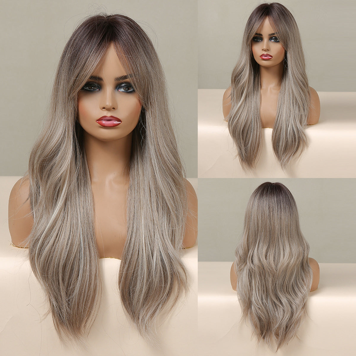 24 Inch Inch Long Ombre Gray With Middle Part Bang Wavy Curly Wig Heat Resistant Synthetic Wig For Women Natural Comfortable Fashion Party Diy Daily LC457-1