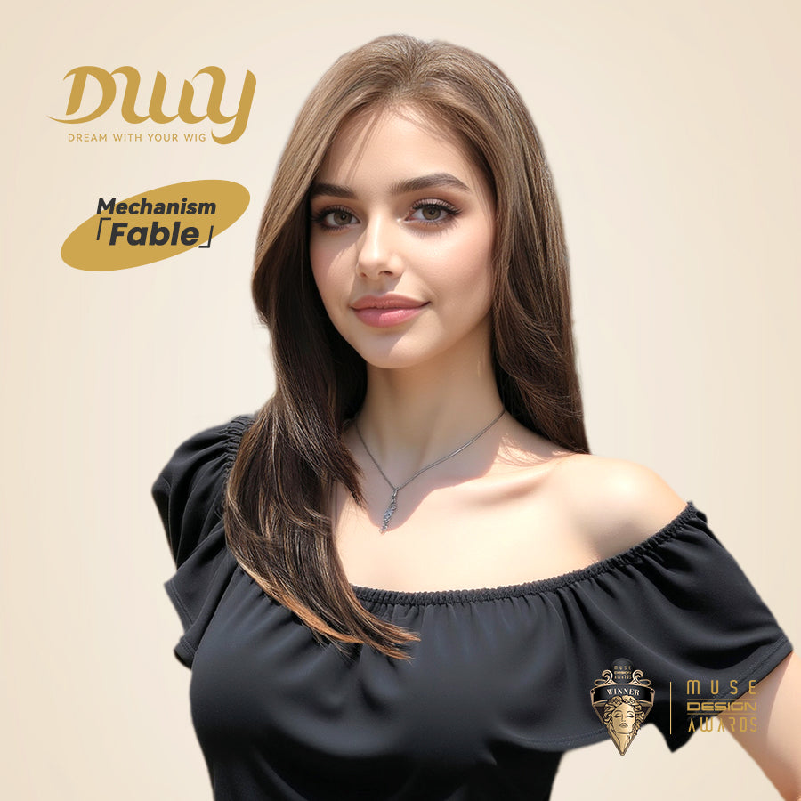 Fable-DWY 13×4 Filter Lace Front Free Part Mid-Length Layer-cut Straight Brown with Highligts Glueless Synthetic Wig