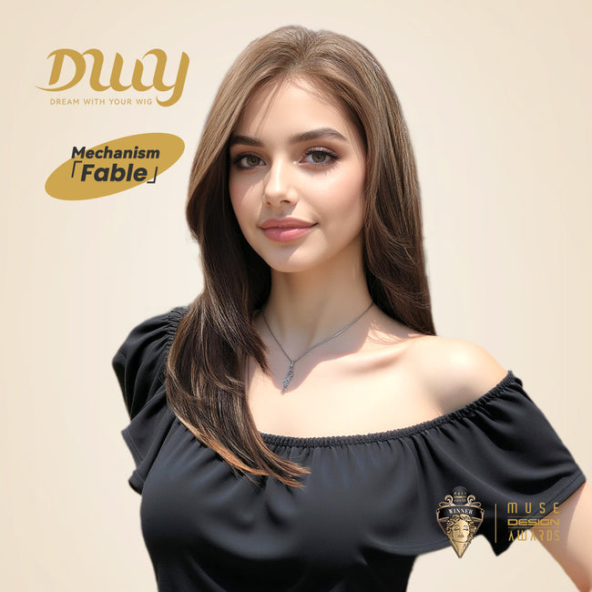Fable-DWY 13×4 Filter Lace Front Free Part Mid-Length Layer-cut Straight Brown with Highligts Glueless Synthetic Wig